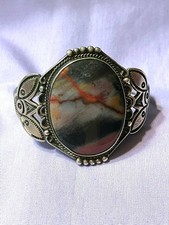ANTIQUE FRED HARVEY NAVAJO PETRIFIED WOOD AGATE STERLING CUFF BRACELET