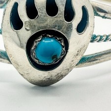 Sterling Fred Harvey Style Bear Paw Cuff with a Small Turquoise Cabochon - Additional view 1
