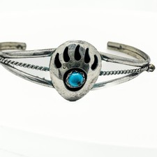 Sterling Fred Harvey Style Bear Paw Cuff with a Small Turquoise Cabochon