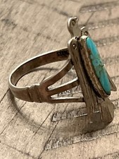 Old pawn Fred Harvey era sterling turquoise long thunderbird s9.5 ring 050725dD@ - Additional view 1