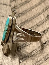 Old pawn Fred Harvey era sterling turquoise long thunderbird s9.5 ring 050725dD@ - Additional view 2