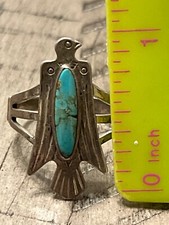Old pawn Fred Harvey era sterling turquoise long thunderbird s9.5 ring 050725dD@ - Additional view 4