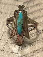 Old pawn Fred Harvey era sterling turquoise long thunderbird s9.5 ring 050725dD@