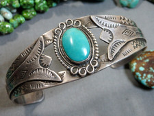 Fred Harvey Era NAVAJO Blue Gem TURQUOISE Sterling Silver SNAKE CUFF Bracelet