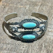 Fred Harvey Era Bracelet Cuff Sterling Silver Turquoise Vintage Stamp Work - Additional view 1
