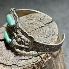 Fred Harvey Era Bracelet Cuff Sterling Silver Turquoise Vintage Stamp Work - Additional view 17