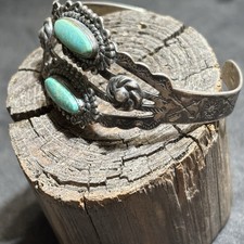 Fred Harvey Era Bracelet Cuff Sterling Silver Turquoise Vintage Stamp Work - Additional view 20