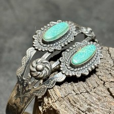 Fred Harvey Era Bracelet Cuff Sterling Silver Turquoise Vintage Stamp Work