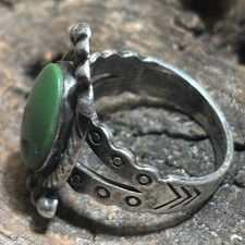 Vintage Navajo Fred Harvey Era Ring Green Turquoise Stamped Sterling Silver 4.75 - Additional view 5