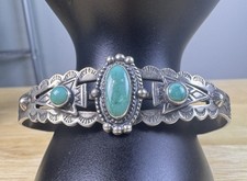 Vintage Native American Fred Harvey Era Turquoise Arrow Cuff Sterling Size 6 1/8