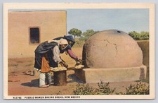 Pueblo Women Baking Bread New Mexico NM Fred Harvey Linen Postcard
