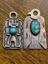 Lot 2 Fred Harvey Fob Pendants Sterling Thunderbird Kachina Old Pawn Navajo 30s