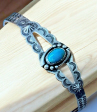 Vtg 30's Navajo Fred Harvey Turquoise Stamped Sterling Cuff Bracelet 1930s