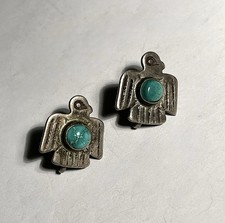 VTG FRED HARVEY ERA NAVAJO STERLING & TURQUOISE THUNDERBIRD EARRINGS Screw Back
