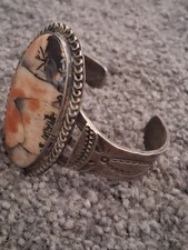 Vintage Navajo Fred Harvey Petrified Wood Sterling Silver Cuff Bracelet 6 1/4