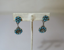 VINTAGE FRED HARVEY ERA STERLING AND TURQOISE DOT FLORAL DANGLE EARRINGS - Additional view 1
