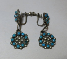 VINTAGE FRED HARVEY ERA STERLING AND TURQOISE DOT FLORAL DANGLE EARRINGS - Additional view 5
