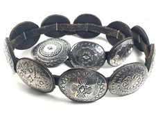 Fred Harvey Era Sterling Silver Hand Stamped Concho Belt w/ Leather, 30.5”—33.5”