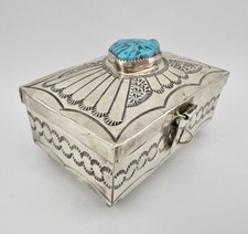 FRED HARVEY NAVAJO KINGMAN TURQUOISE STERLING SILVER STAMPED BOX 3 1/8