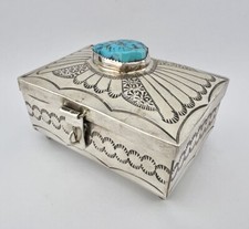 FRED HARVEY NAVAJO KINGMAN TURQUOISE STERLING SILVER STAMPED BOX 3 1/8