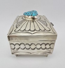 FRED HARVEY NAVAJO KINGMAN TURQUOISE STERLING SILVER STAMPED BOX 3 1/8