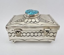FRED HARVEY NAVAJO KINGMAN TURQUOISE STERLING SILVER STAMPED BOX 3 1/8