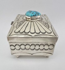 FRED HARVEY NAVAJO KINGMAN TURQUOISE STERLING SILVER STAMPED BOX 3 1/8