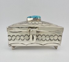 FRED HARVEY NAVAJO KINGMAN TURQUOISE STERLING SILVER STAMPED BOX 3 1/8