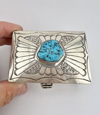 FRED HARVEY NAVAJO KINGMAN TURQUOISE STERLING SILVER STAMPED BOX 3 1/8