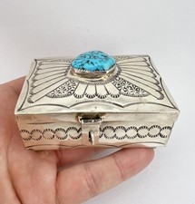 FRED HARVEY NAVAJO KINGMAN TURQUOISE STERLING SILVER STAMPED BOX 3 1/8