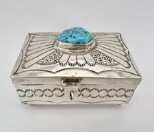 FRED HARVEY NAVAJO KINGMAN TURQUOISE STERLING SILVER STAMPED BOX 3 1/8