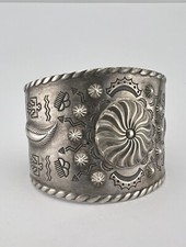 Vtg Fred Harvey Navajo Sterling Silver Thunderbird Stamped Wide Cuff Bracelet
