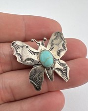 Vtg Fred Harvey Era Navajo Sterling Silver Turquoise Stamped Butterfly Pin 1.25