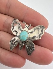 Vtg Fred Harvey Era Navajo Sterling Silver Turquoise Stamped Butterfly Pin 1.25