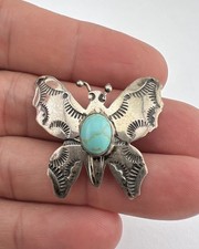 Vtg Fred Harvey Era Navajo Sterling Silver Turquoise Stamped Butterfly Pin 1.25"