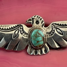 Early Native American Sterling Silver Fred Harvey Turquoise Thunderbird Pin 3” - Additional view 1
