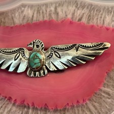 Early Native American Sterling Silver Fred Harvey Turquoise Thunderbird Pin 3” - Additional view 3