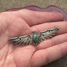 Early Native American Sterling Silver Fred Harvey Turquoise Thunderbird Pin 3” - Additional view 5