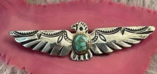 Early Native American Sterling Silver Fred Harvey Turquoise Thunderbird Pin 3”