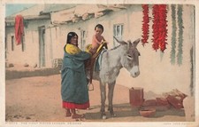 Arizona Postcard Riding Lesson Native American Burro Fred Harvey c 1920s E5