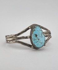 Vtg Fred Harvey Navajo Sterling Silver Kingman Turquoise Stamped Cuff Bracelet - Additional view 1
