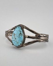 Vtg Fred Harvey Navajo Sterling Silver Kingman Turquoise Stamped Cuff Bracelet - Additional view 2