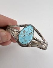 Vtg Fred Harvey Navajo Sterling Silver Kingman Turquoise Stamped Cuff Bracelet - Additional view 6