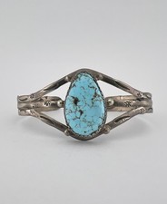 Vtg Fred Harvey Navajo Sterling Silver Kingman Turquoise Stamped Cuff Bracelet