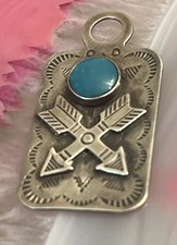Native American Sterling Silver Fred Harvey Era Turquoise Crossed Arrows Dog Tag - Additional view 1