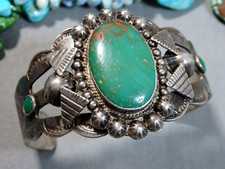 Fred Harvey Era NAVAJO Cerrillos TURQUOISE Sterling Silver 44g Cuff Bracelet
