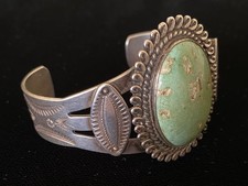 Old Fred Harvey Bracelet-Large Turquoise Stone-Coin Silver - Additional view 6