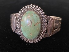Old Fred Harvey Bracelet-Large Turquoise Stone-Coin Silver - Additional view 7