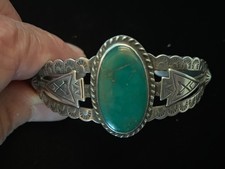 Vintage Fred Harvey Bracelet-Sterling Repousse With Old Turquoise Stone