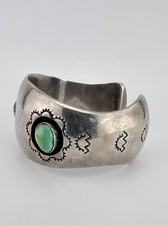Early Fred Harvey Navajo Coin Silver Cerrillos Turquoise Shadowbox Cuff Bracelet - Additional view 6